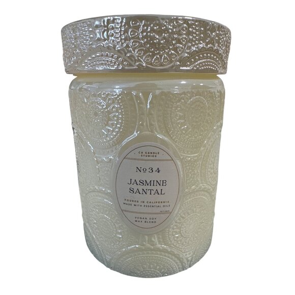 Leoben Candle Co Jasmine Santal 18oz 1 Wick White Cut Glass Jar Soy Wax Candle - Picture 1 of 6
